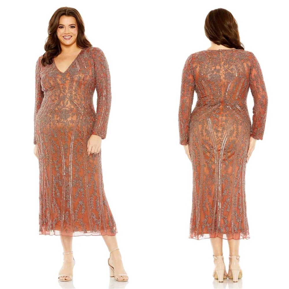 Mac Duggal Orange Sequin Embellished Midi Dress